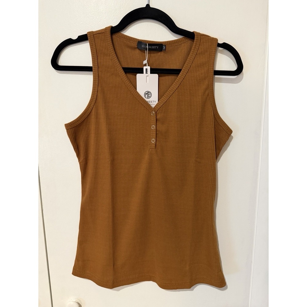 MEROKEETY Women's V Neck Tank Top‎ Brown Sleeveless Ribbed Shirt Size Medium